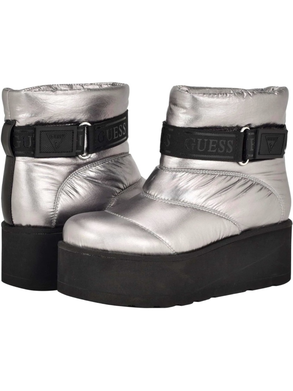GUESS Metallic Silver Quilted Platform Ankle Boots